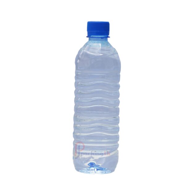 Clear plastic water bottle, 500ml capacity. Made from PET. The bottle has a 28mm neck