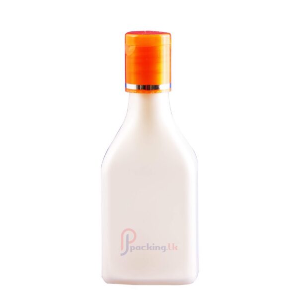 Pearl whiteplastic cosmetic bottle, 100ml capacity. Made from PET. The bottle has a 20mm neck.