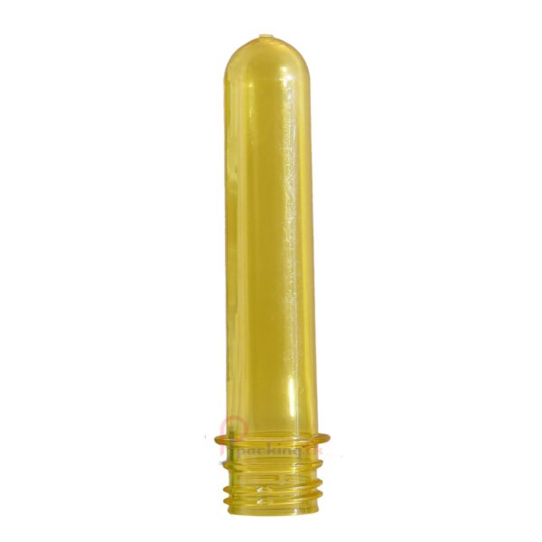 Yellow colorplastic Preform, 1500mlcapacity. Made from PET. The preform has a28mm neck.
