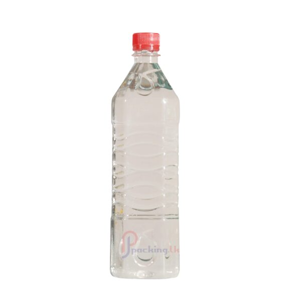Clear plastic juice bottle, 1000ml capacity. Madefrom PET. The bottle has a 28mm neck.