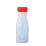 Milk white plastic juice bottle, 200mlcapacity. Madefrom PET. The bottle has a 38mm neck.