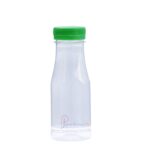 Clear plastic juice bottle, 200ml capacity. Madefrom PET. The bottle has a 38mm neck.